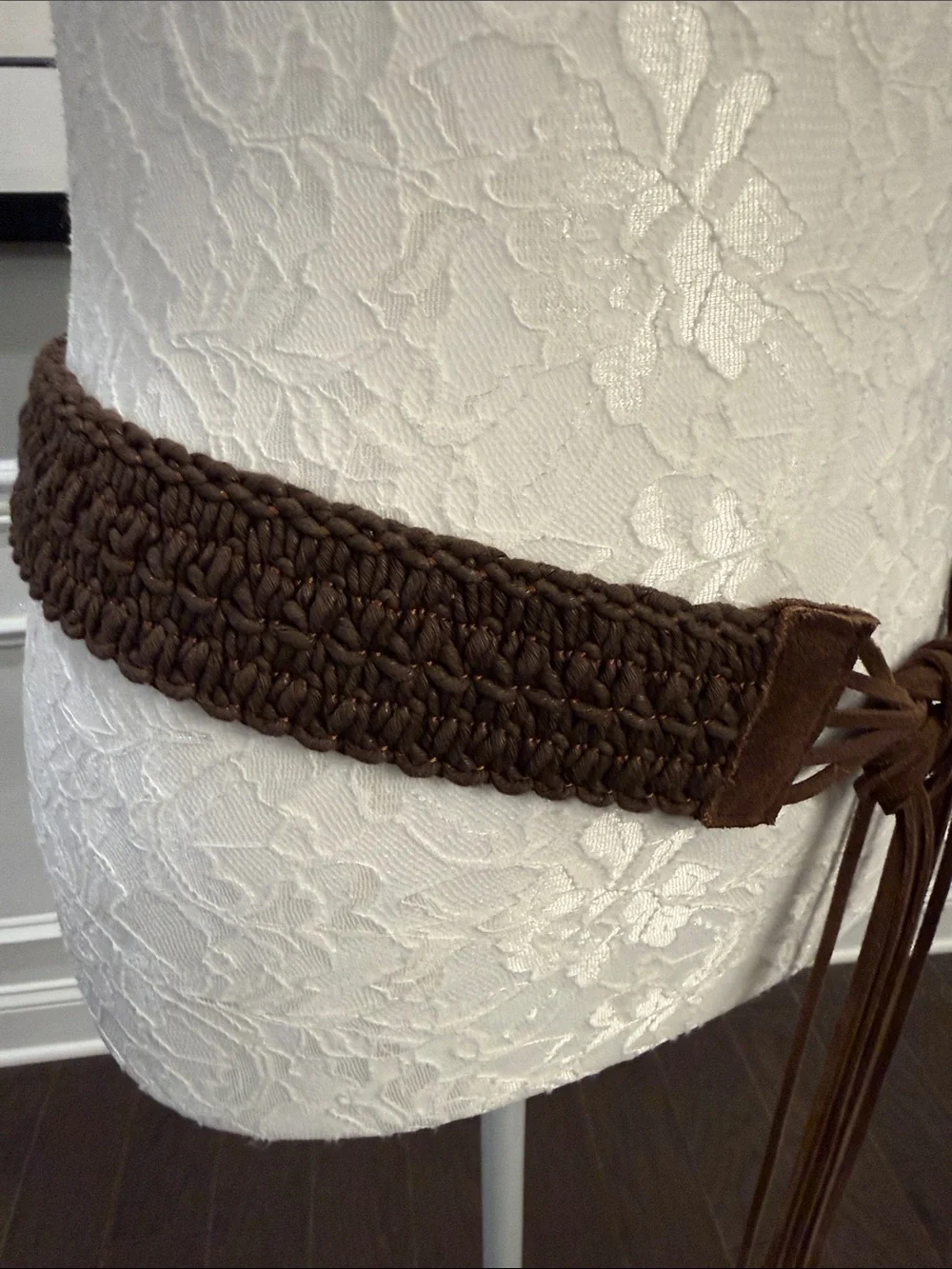Vintage Boho Brown Genuine Leather Woven Cinch Belt with Suede Tassel Ties